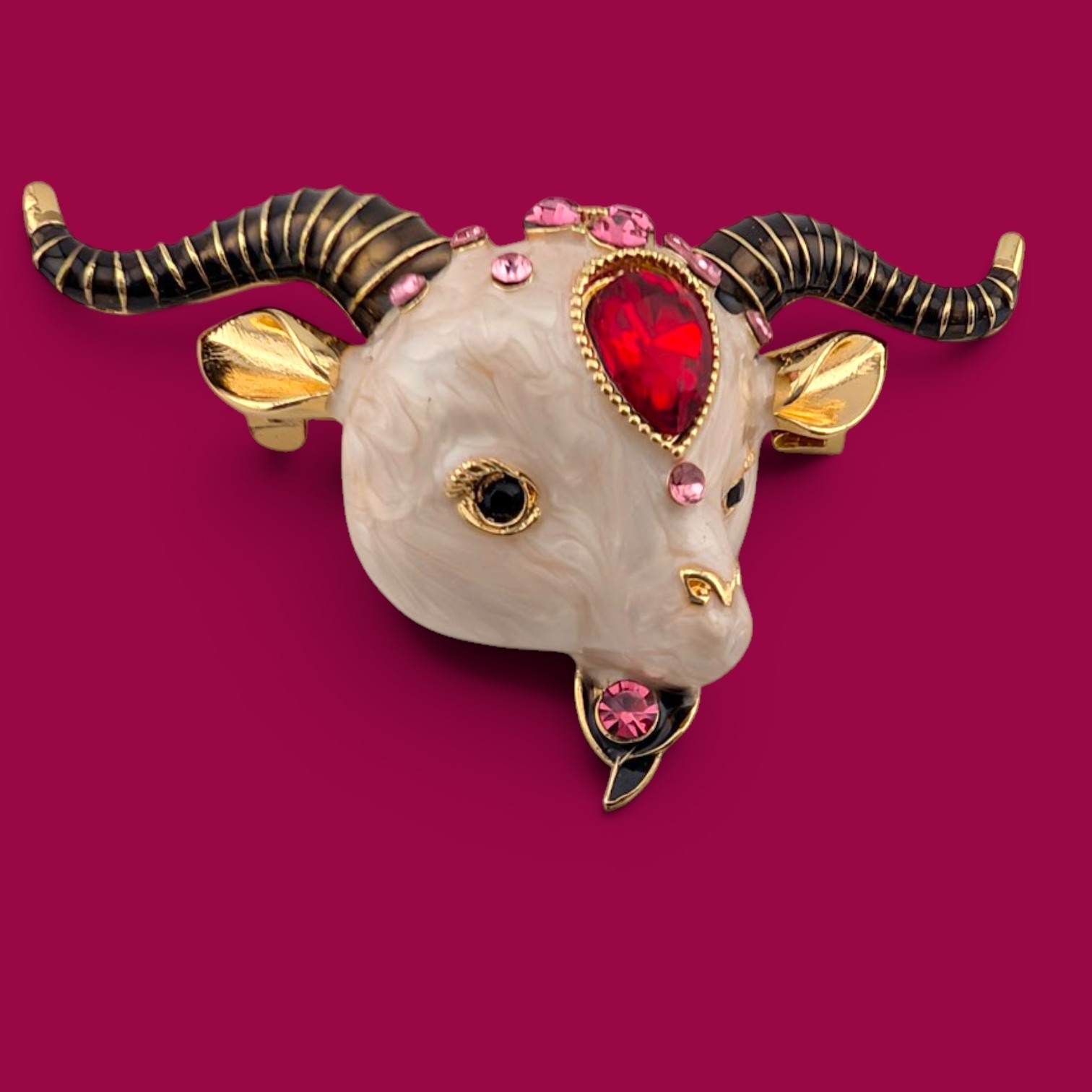 KITSCHY BAPHOMET BROOCH weird little bejeweled lamb goat ram aries devil pin N5