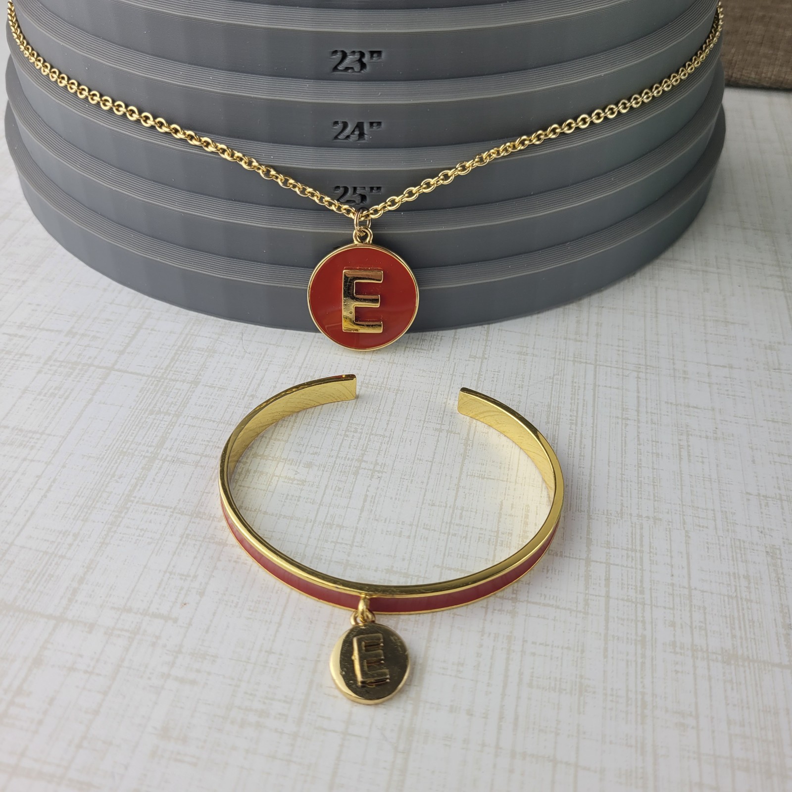 Talbots Gold Tone Red Enamel Letter E Inital Necklace & Bracelet Set 24″
