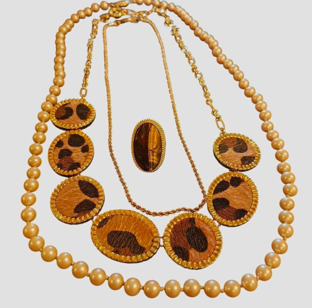 Vintage Gold Tone Pearl Jewelry Set Avon + Talbots Necklace, Tigers Eye Ring