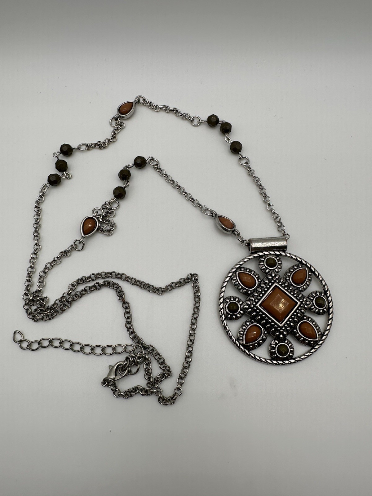 Statement Necklace Silver Tone Round Medallion Pendant Brown Stones Bezel