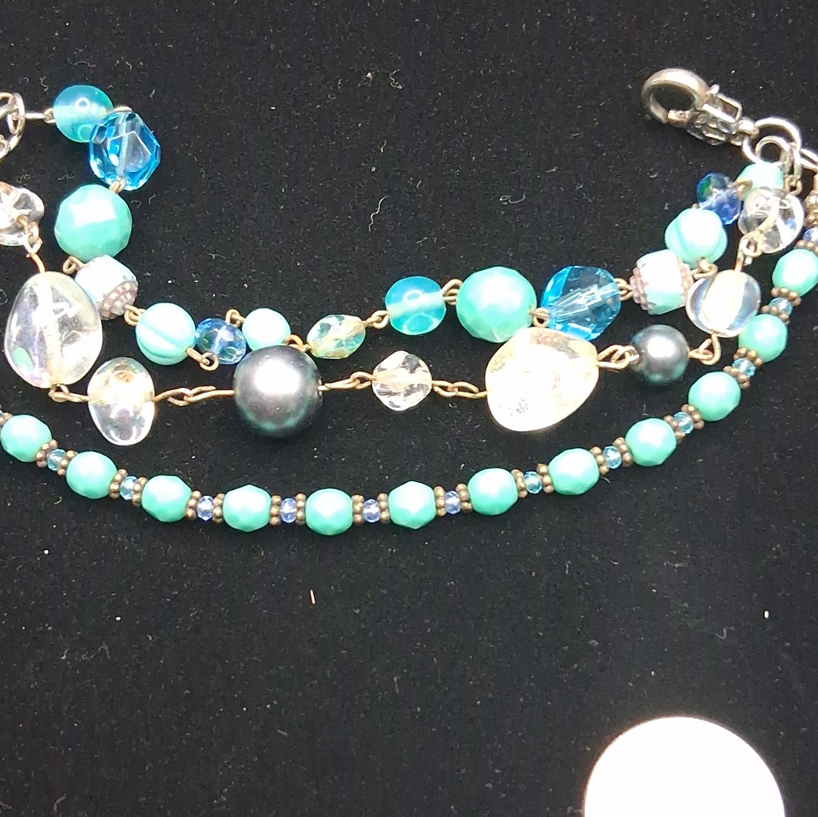 Blue Green Clear Glass Beaded Multi-Strand Cable Chain Bracelet Lobster