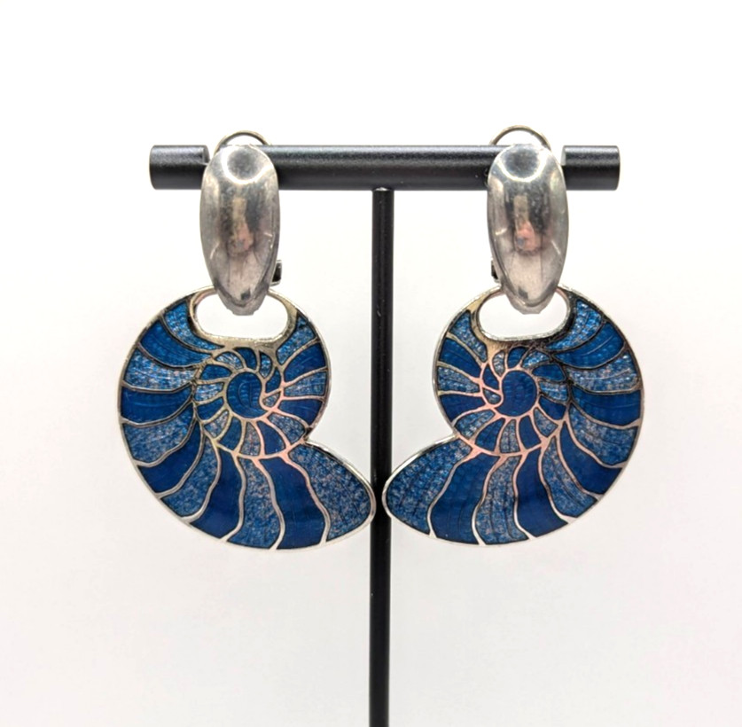 2″ Blue Cloisonne Snail Spiral Seashell Silver-tone Post Omega Back Earrings