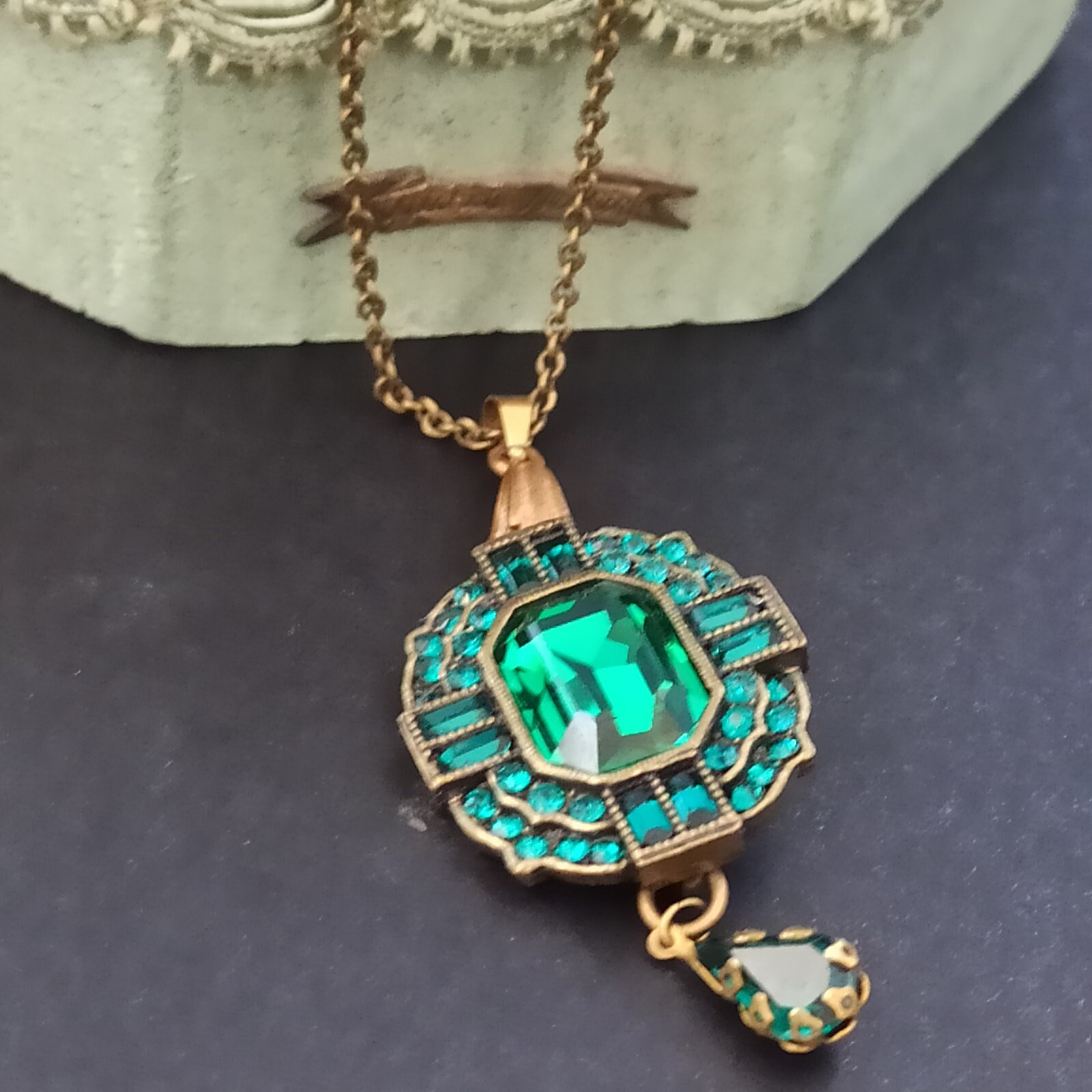 Michal Negrin Royal Green Bottle Deep With Swarovski Crystals Necklace Deco Long