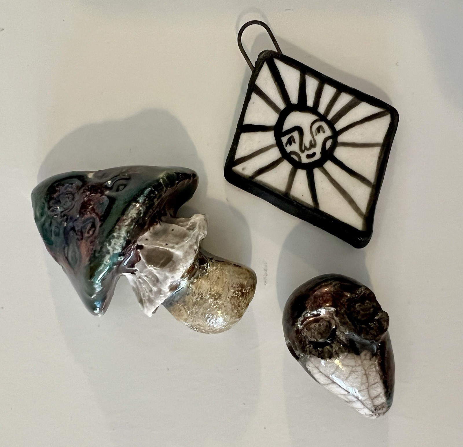 Handmade Ceramic & Raku Pendant Bundle Owl Mushroom Sun face Art Charm