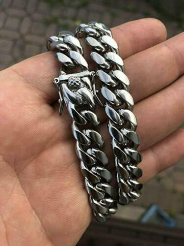 100% Stainless Steel White Gold Plated Miami Cuban Link Chain Bracelet 8MM-14MM