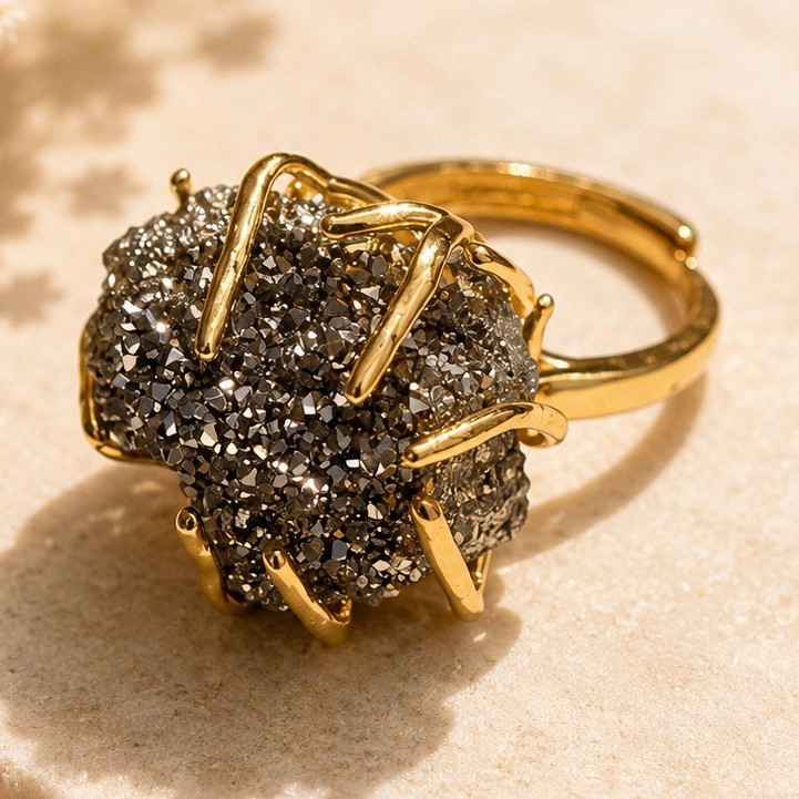 Ring Quartz AdjustableRing Irregular Silver Drusy Raw Quartz