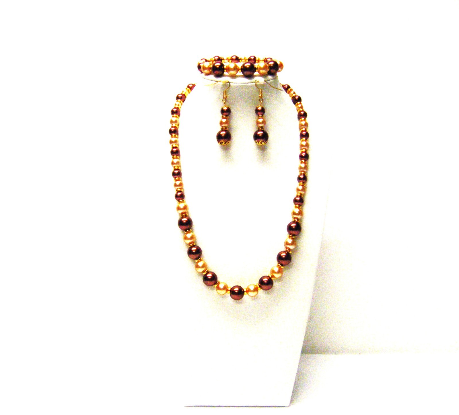 Dark Brown w/Gold Glass Pearl Princess Necklace/Bracelet/Earrings Set