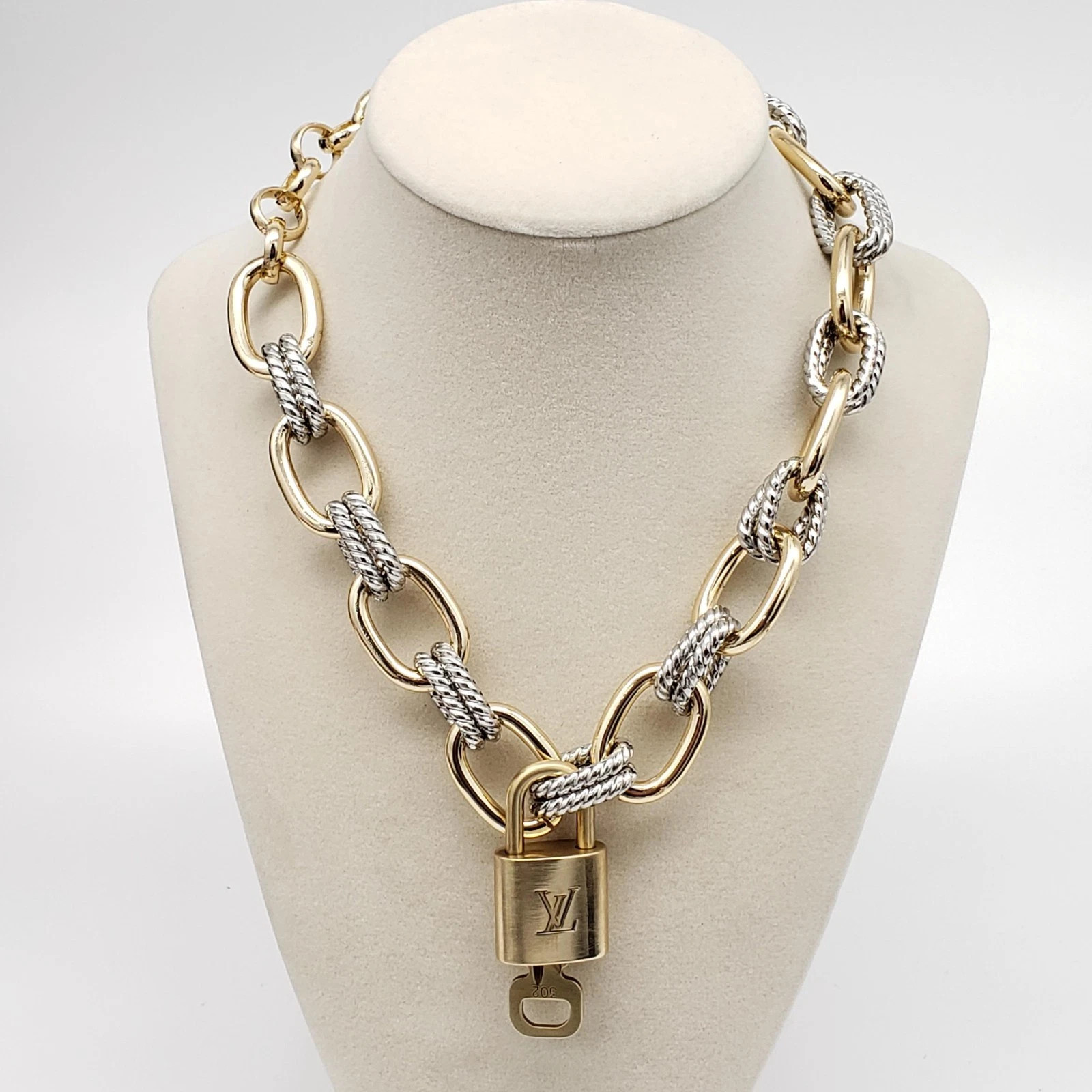 Authentic Louis Vuitton Gold Padlock w/ Unbranded Fashion Geometry Necklace