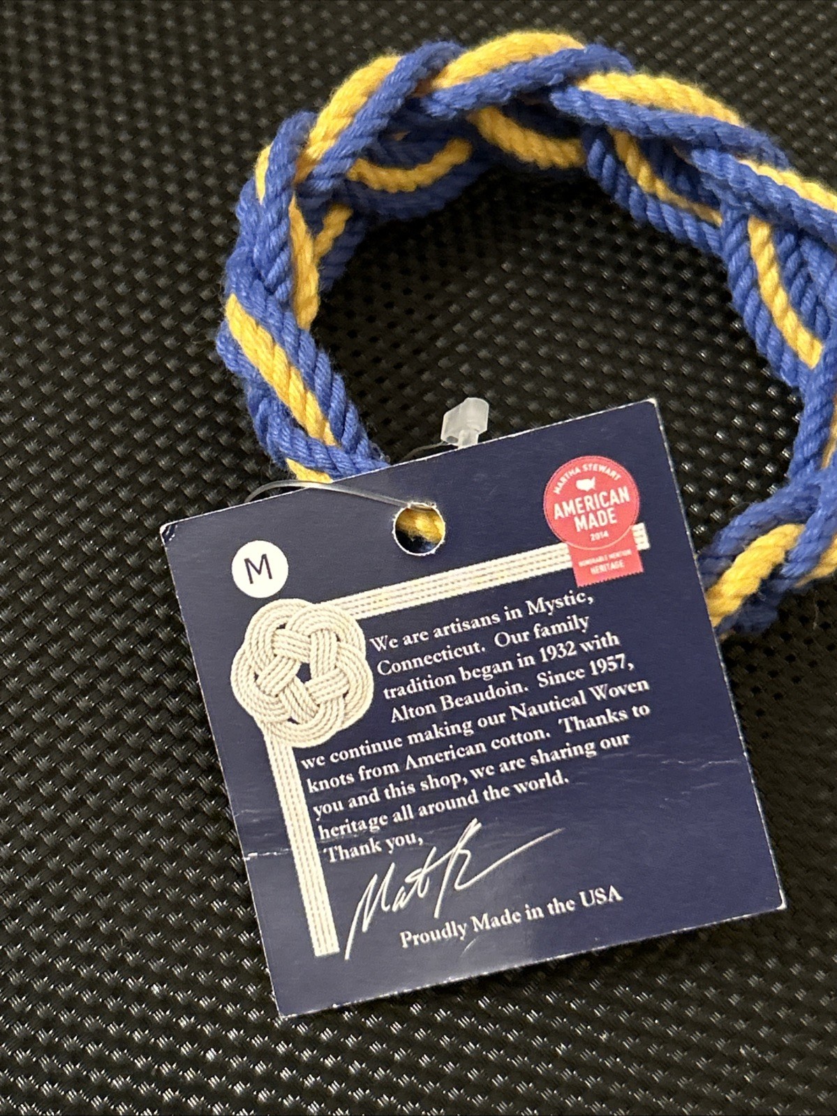 Mystic Knit Work Sailor Rope Bracelet, Nautical Stripe Blue & Yellow Size Medium