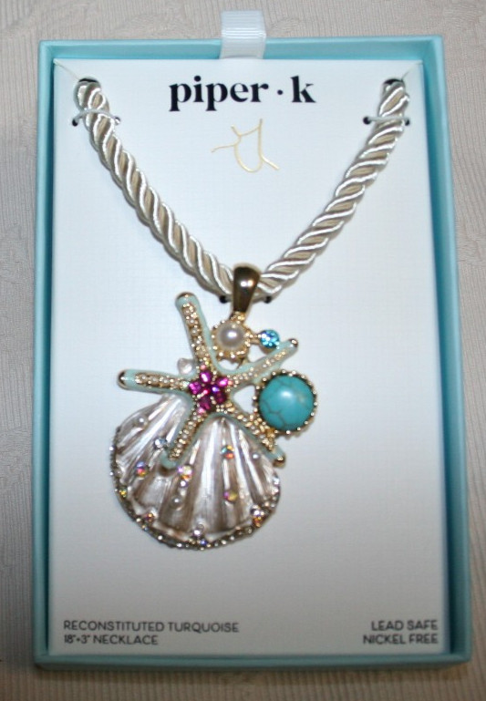 Shell shaped Pendant 18″+ 3″ Necklace White Rope Turquoise CZ Gold tone Metal
