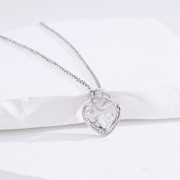 Heart Shape Mom & Child Pendant Necklace Silver Tone Family Love Gift For Women