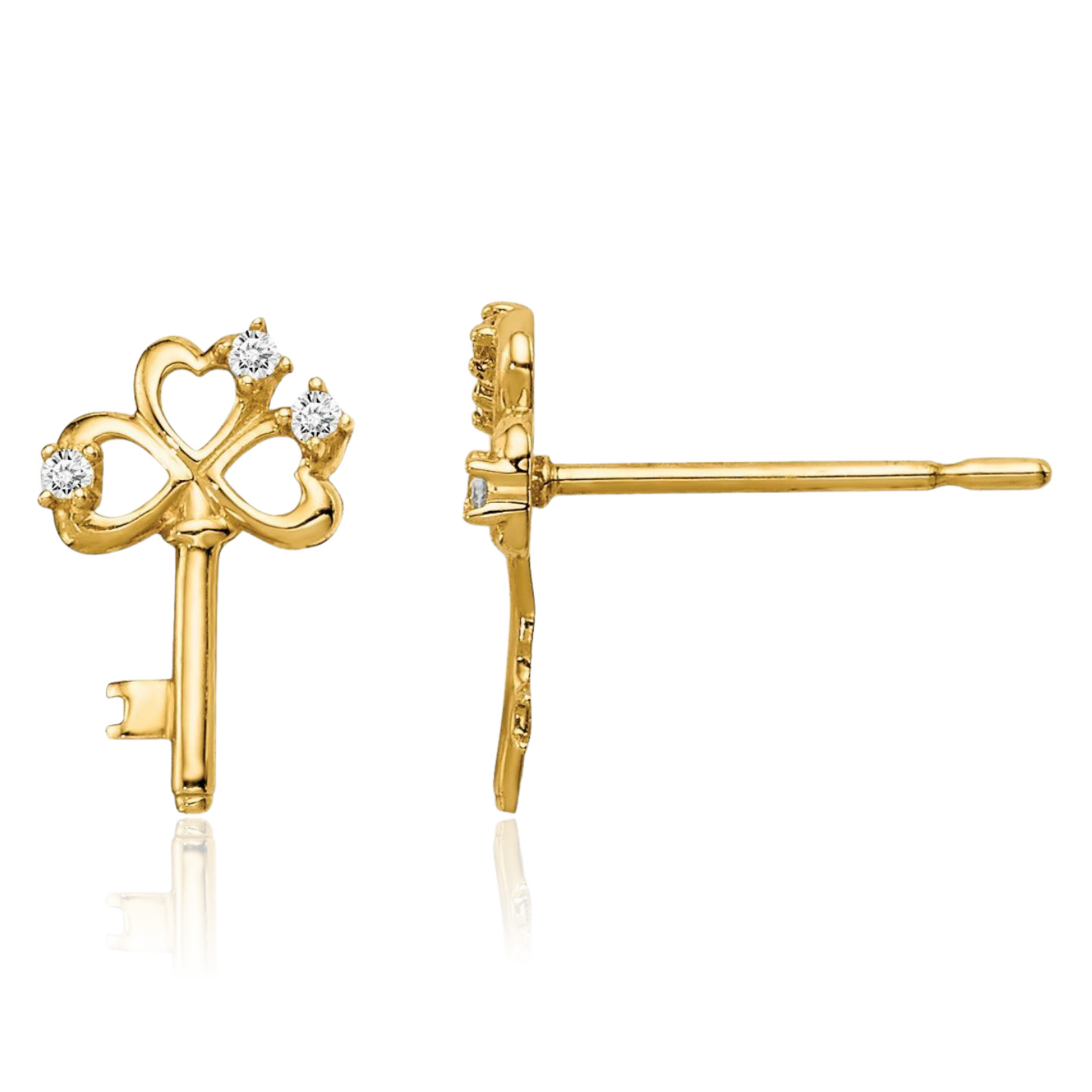 14K Solid Yellow Gold Cubic Zirconia Large Key Heart Stud Earrings 9mm 3/8 inch