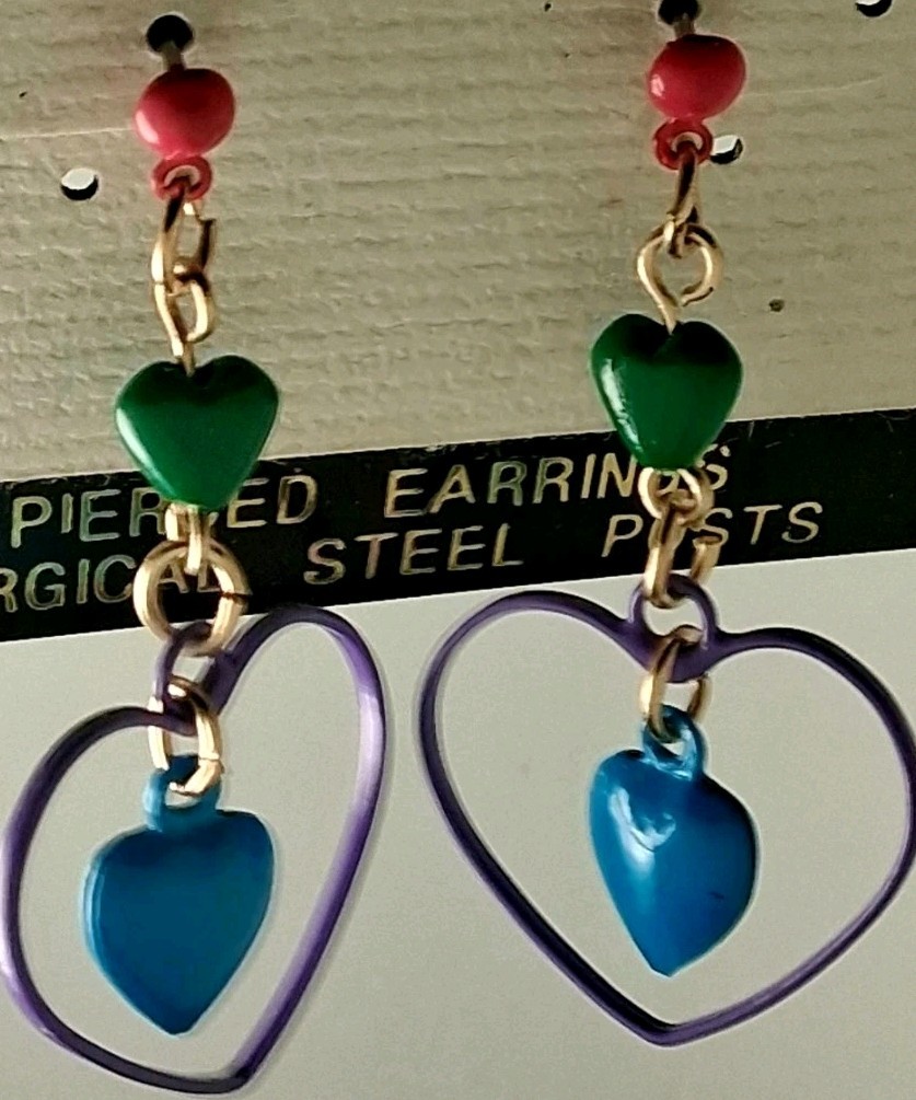 80s- 90s Dangle Hearts New Unworn Earrings For Pierced Ears Butterfly Post