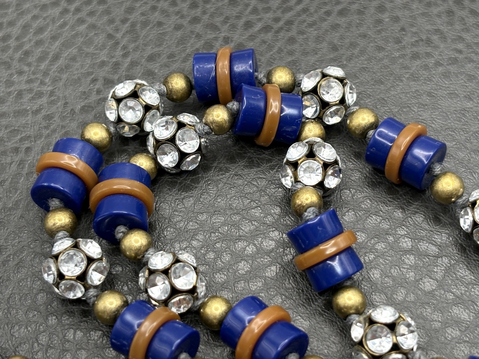 J. Crew Art Deco Style Blue Acrylic Chunky Bead Necklace Rhinestone Spacers 28″