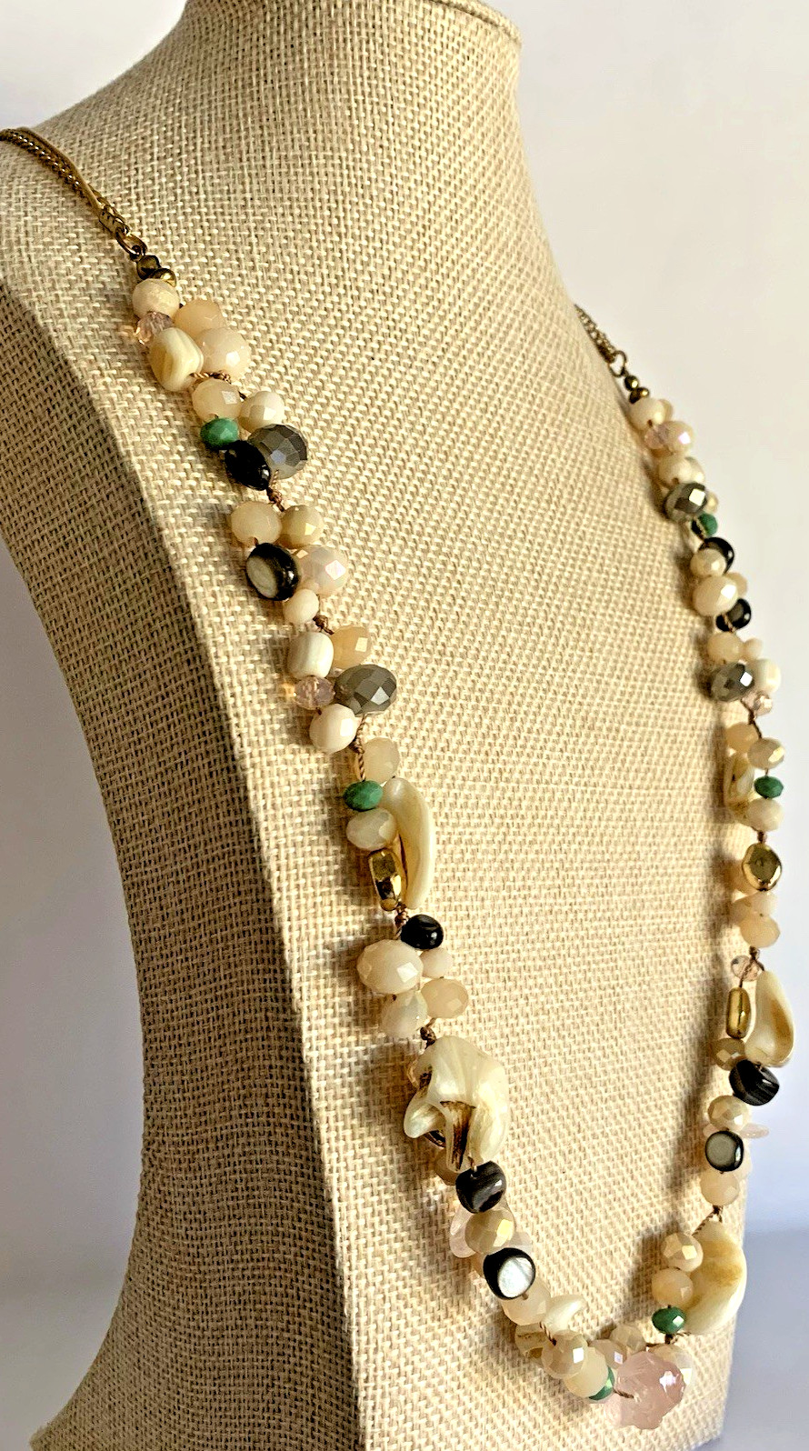 Mixed Metal Necklace Stone Shell & Acrylic Beaded Gold Tone Chain