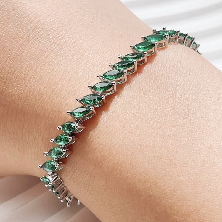 Green Marquise Cut Tennis Bracelet Silver Tone Emerald Crystal Link Bracelet