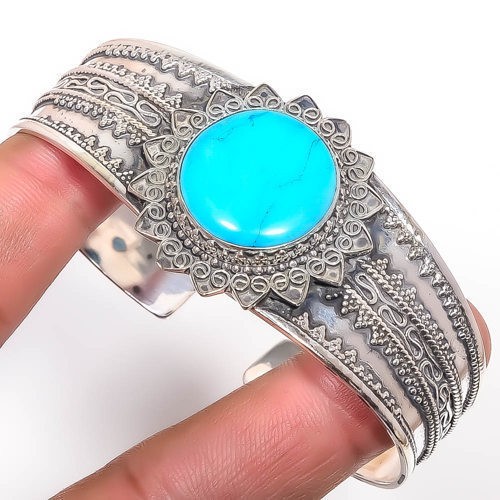 Magnesite Turquoise Gemstone 925 Sterling Silver Handmade Jewelry Cuff Adst. T73