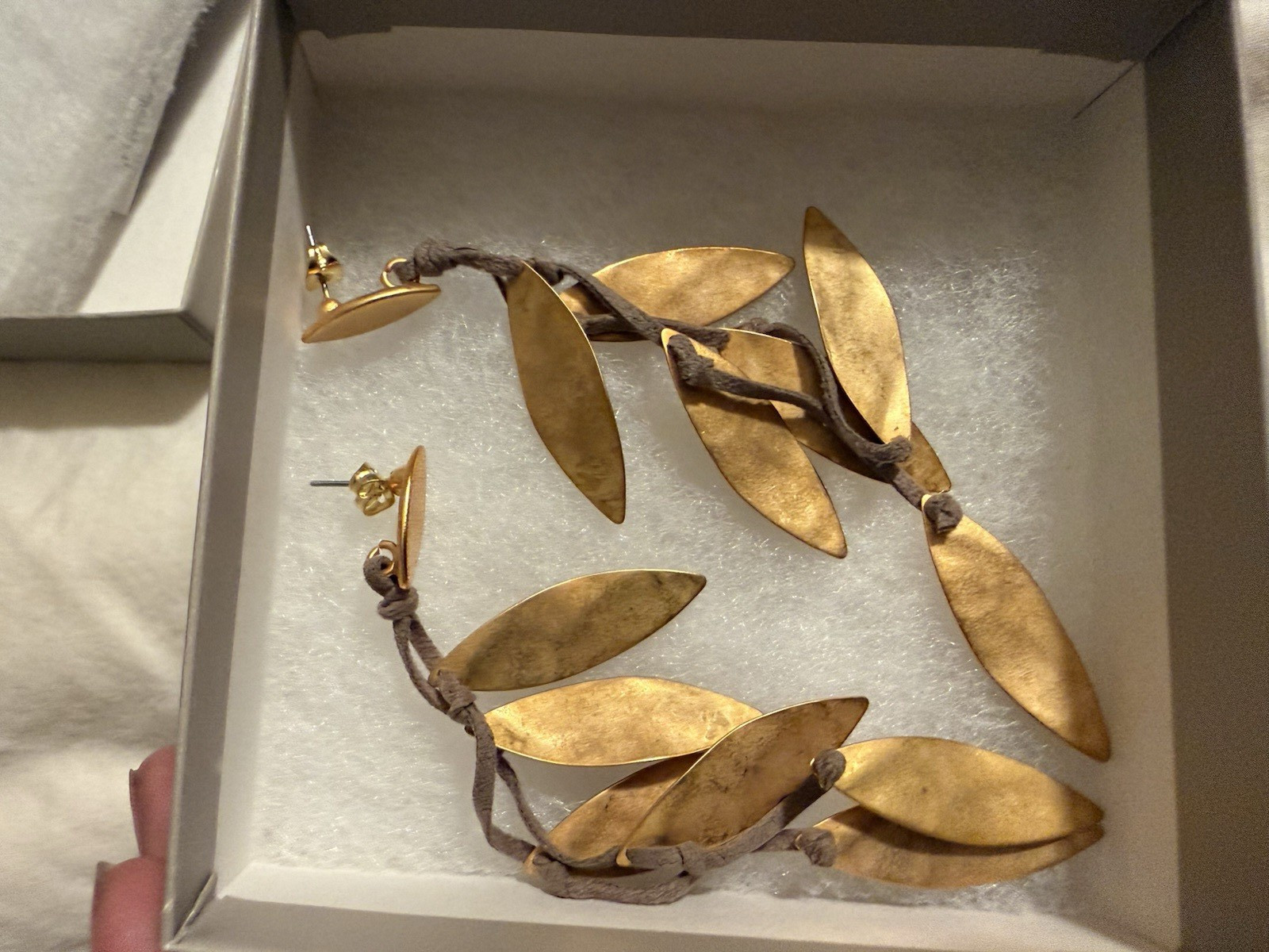 The Met Leaf Dangle Drop Earrings Gold Plated Nickel-Free Leather Linen Velvet