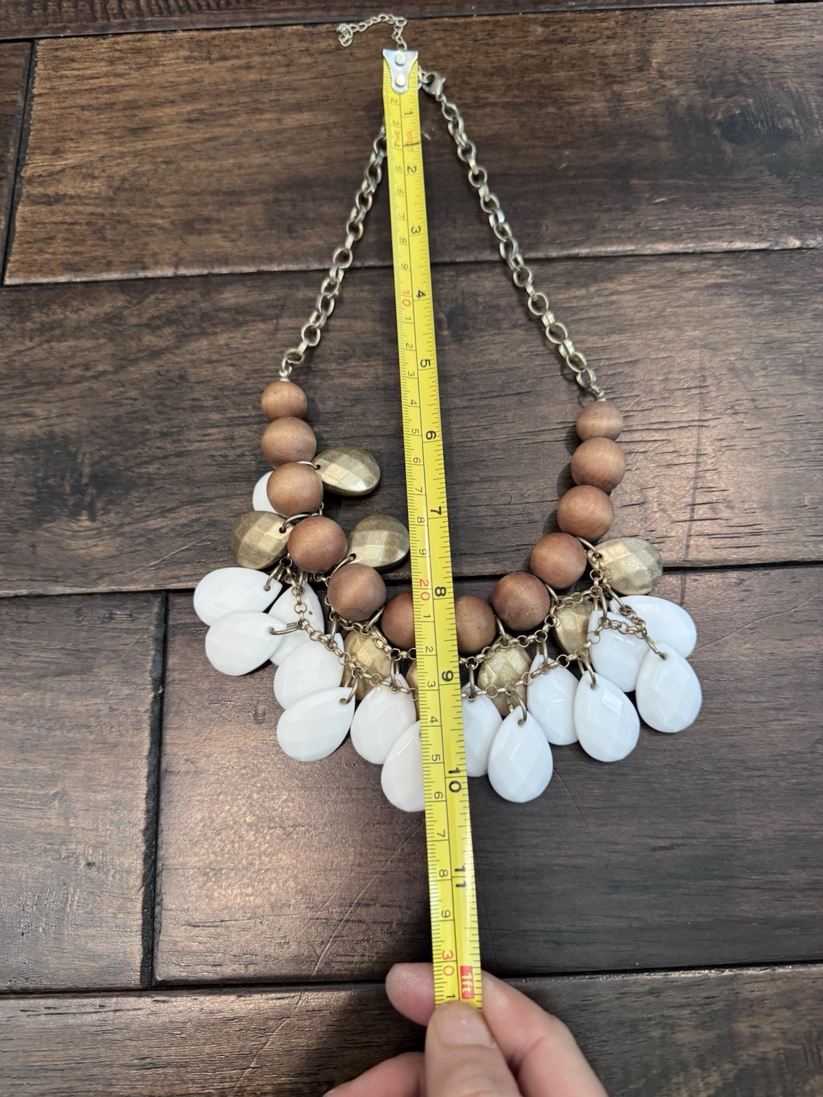 Statement Beaded Necklace Brown Wood Beads White Teardrop Dangles 18 in