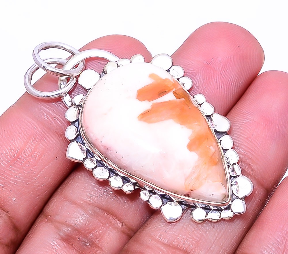 Orange Scolecite – India Designer Handmade 925 Sterling Silver Pendant 1.95″ P40