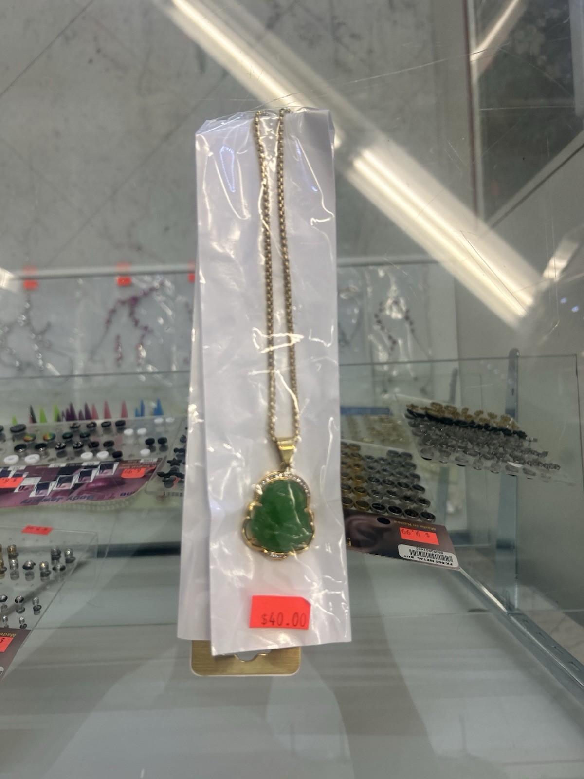 Gold Tone Jade Buddha Pendant Necklace