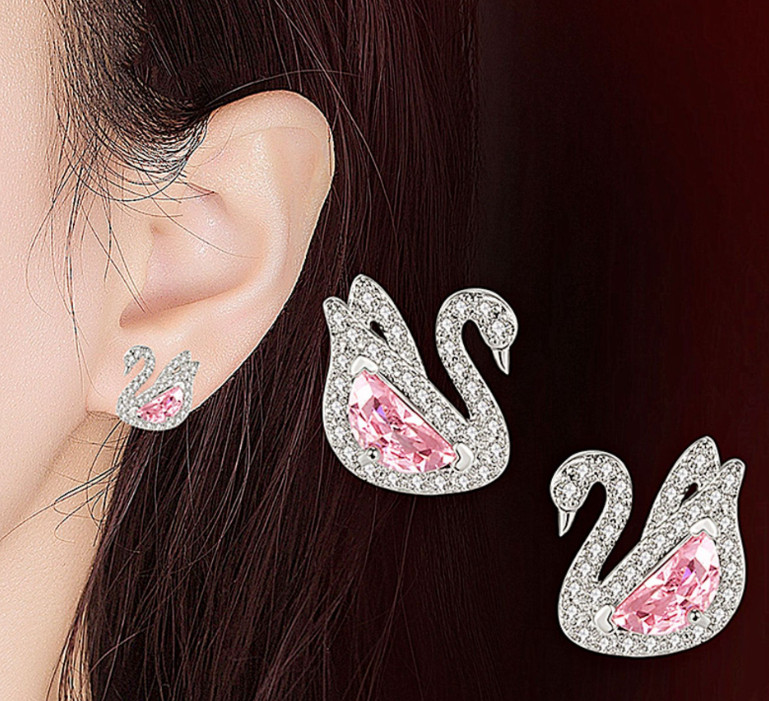 Women 925 Sterling Silver Pink CZ swan pendant necklace Stud Earrings gift E21