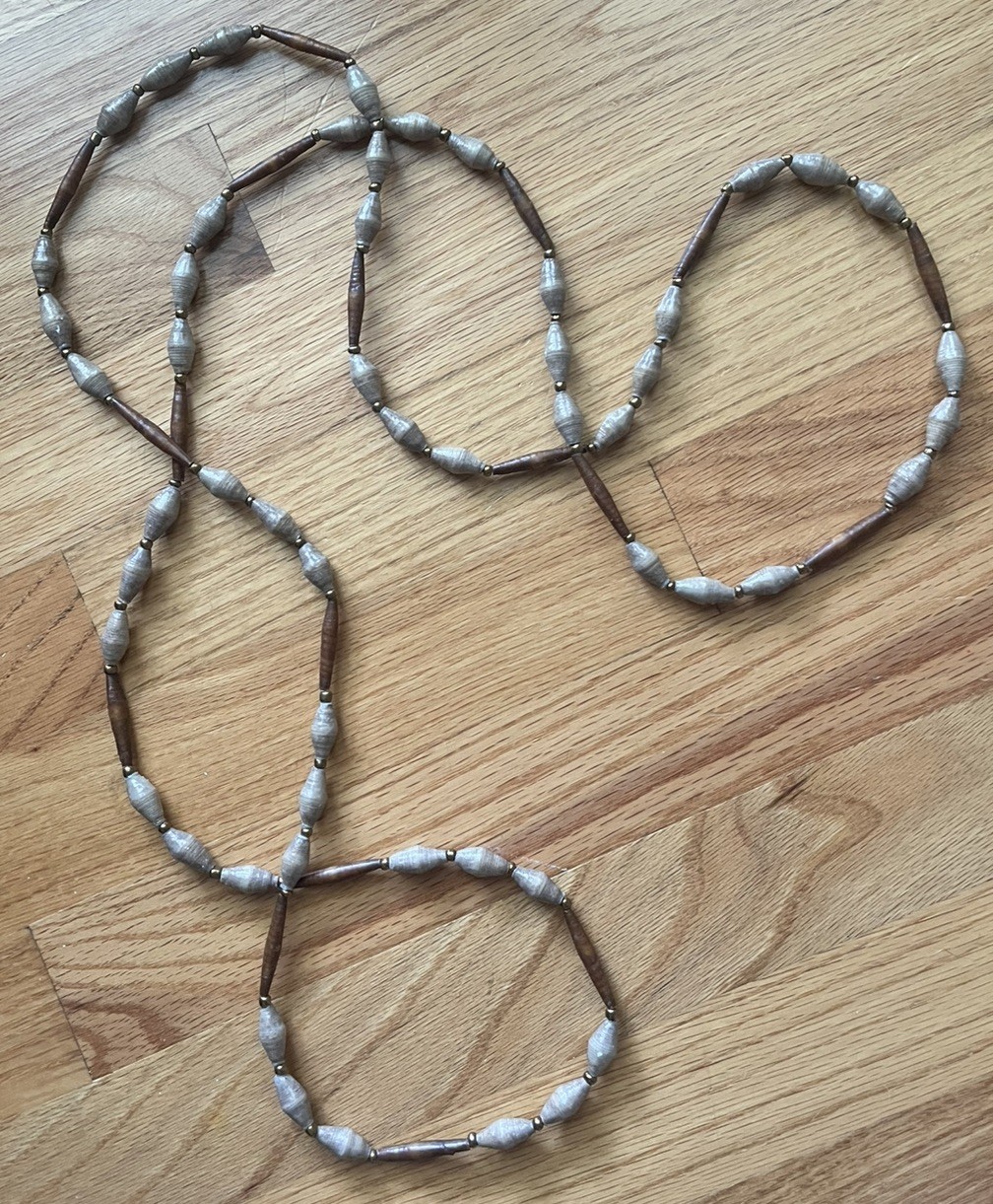African Paper Bead Necklace Long tan Eco Friendly boho artisan Handmade