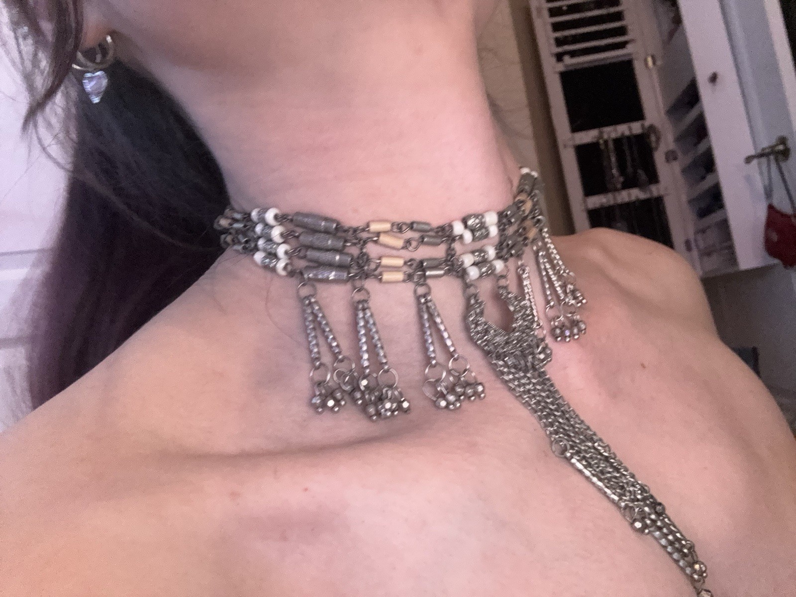 Silver Tone Boho Multi-Strand Beaded Choker Adjustable Cable Chain Charm Fringe