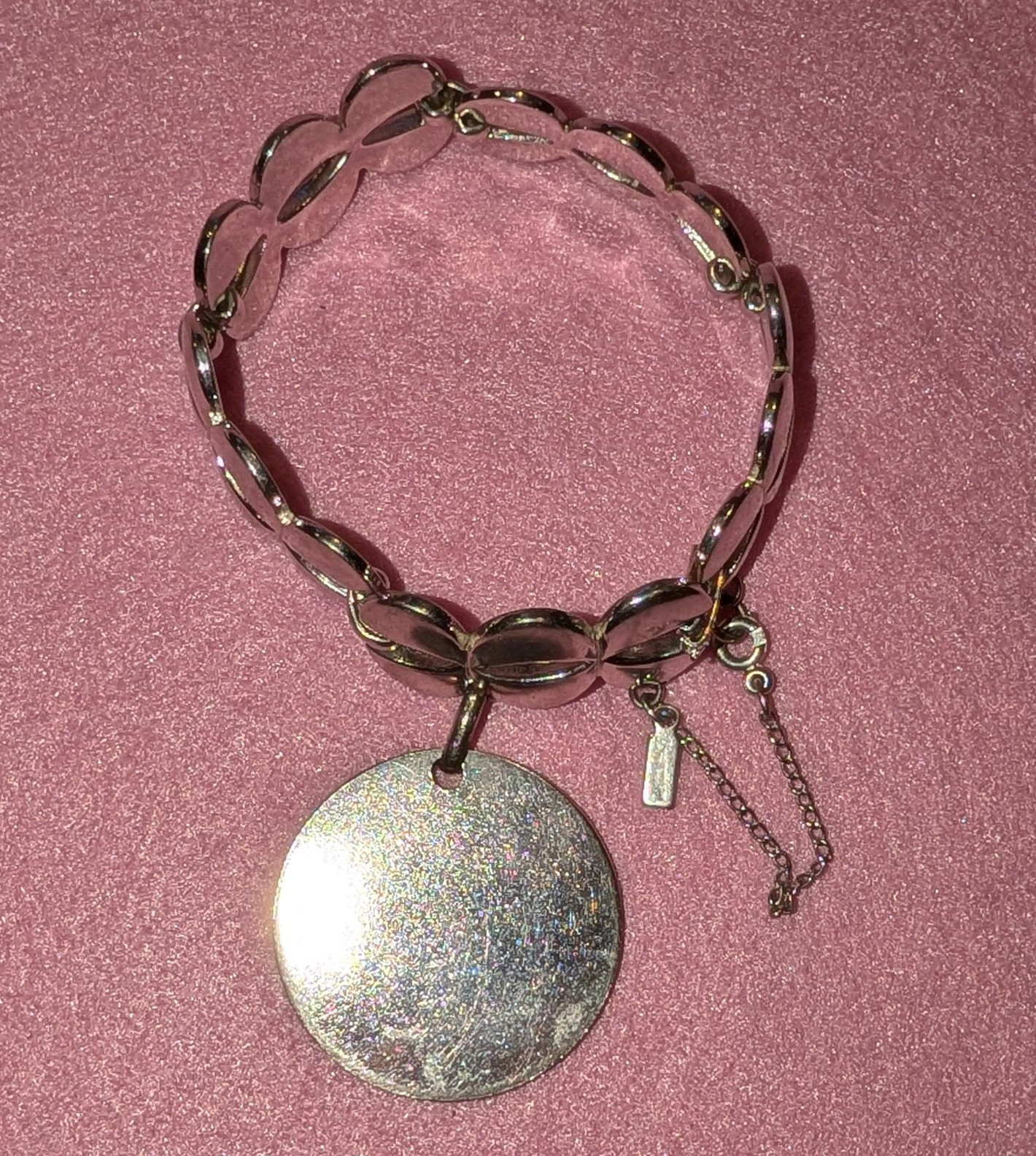 Silver Tone Link Charm Bracelet Round Disc Dangle Adjustable Lobster No Stone