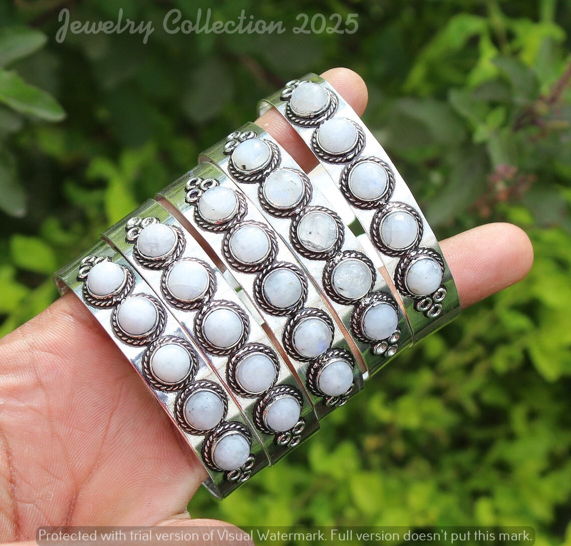 Moonstone Gemstone 5PCS 5 Stone Bangles 925 Silver Plated Wholesale Jewelry Lot