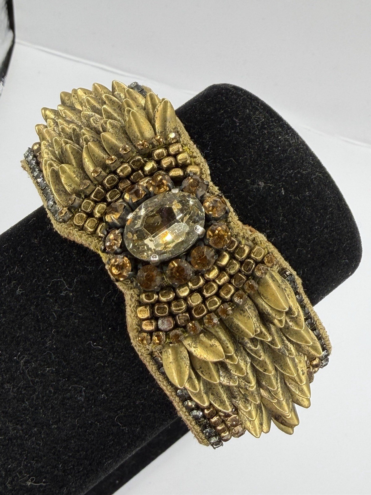 NWT Signed Deepa Gurnani Brass And Leather Bracelet With Stones 7.25”