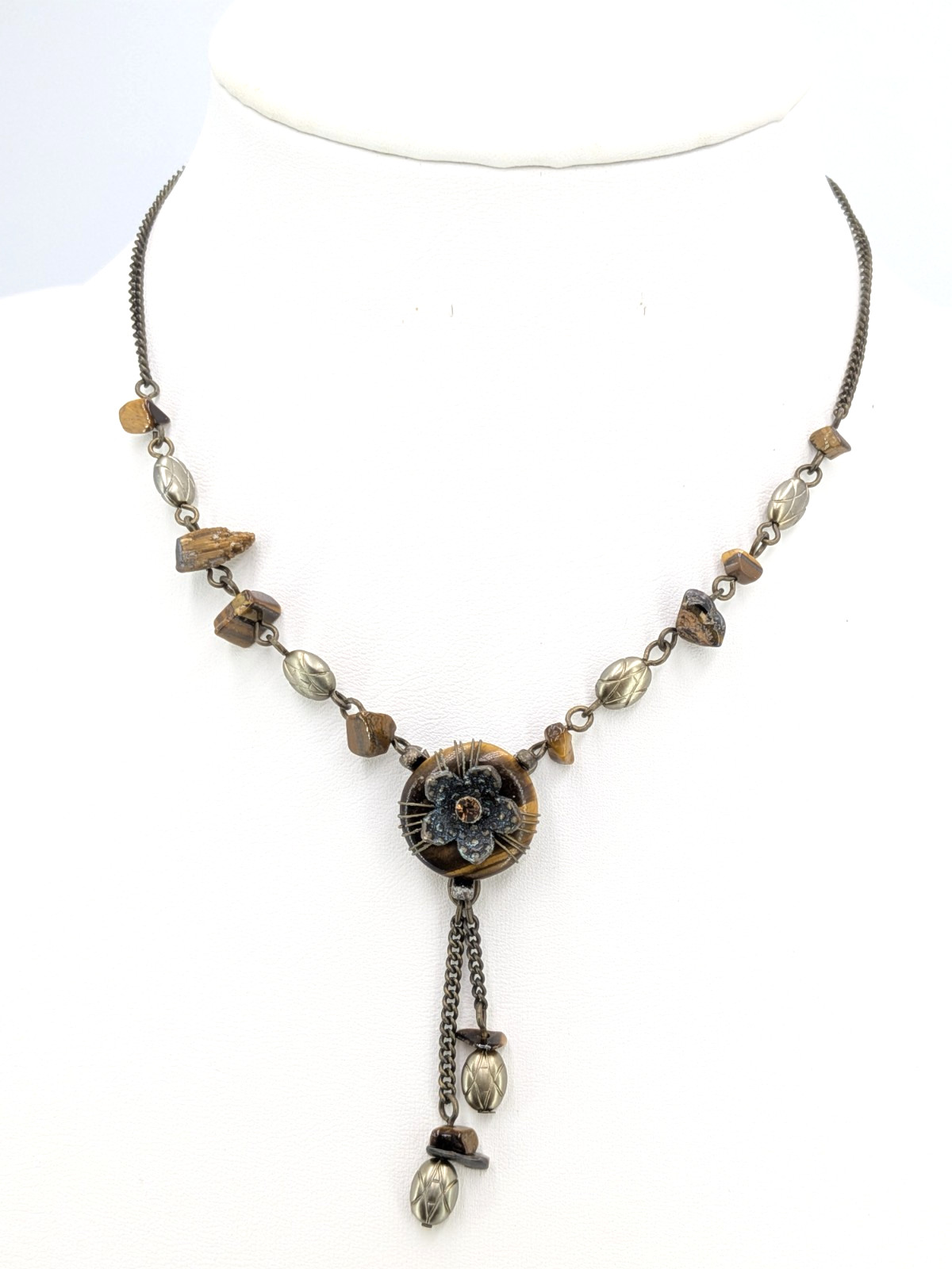 Vintage Avon Tiger Eye Flower Dangle Necklace Brown Stone Bead Chain 15 1/2 In