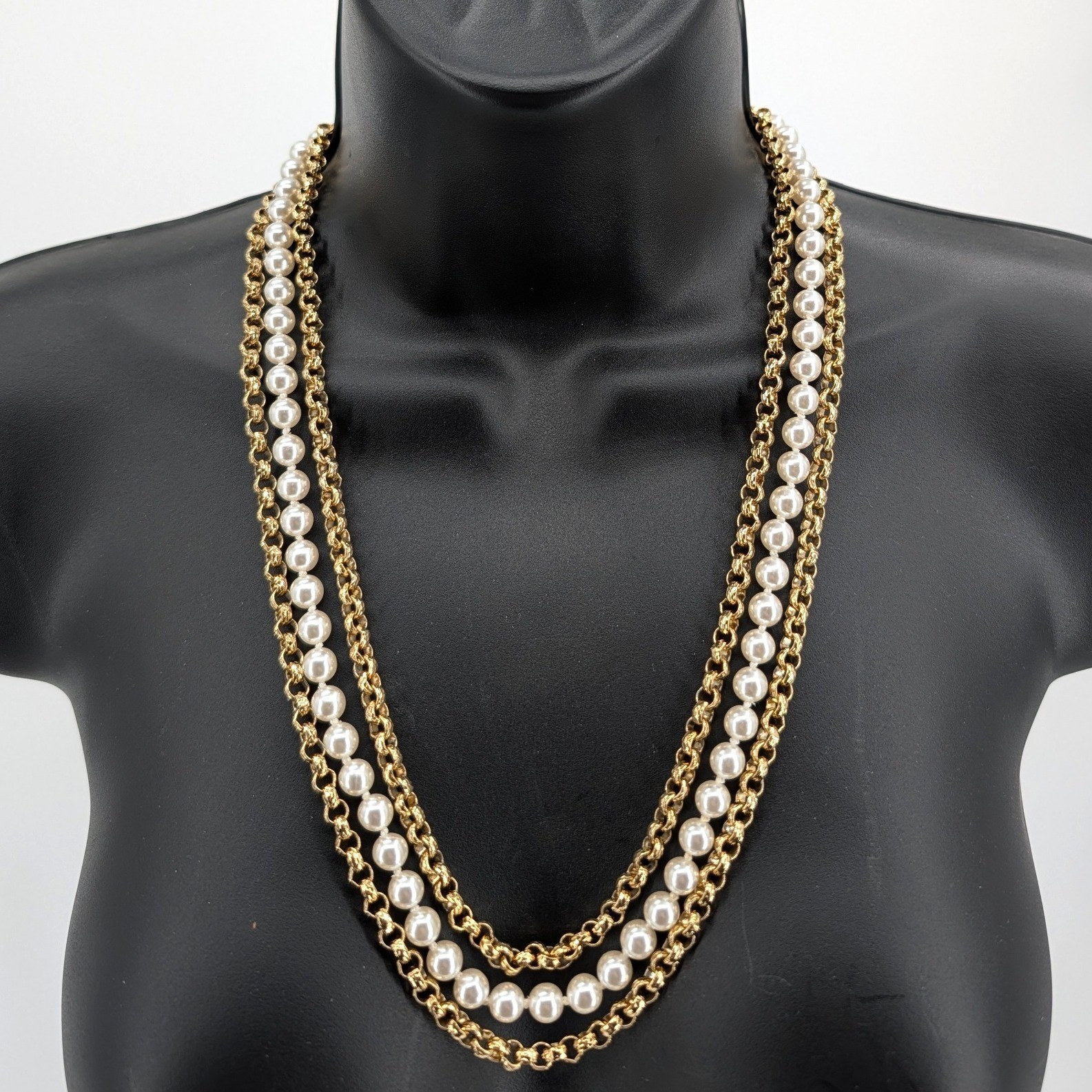 Triple Strand Faux Pearl Gold Tone Rolo Chain Necklace Filigree Clasp 23″