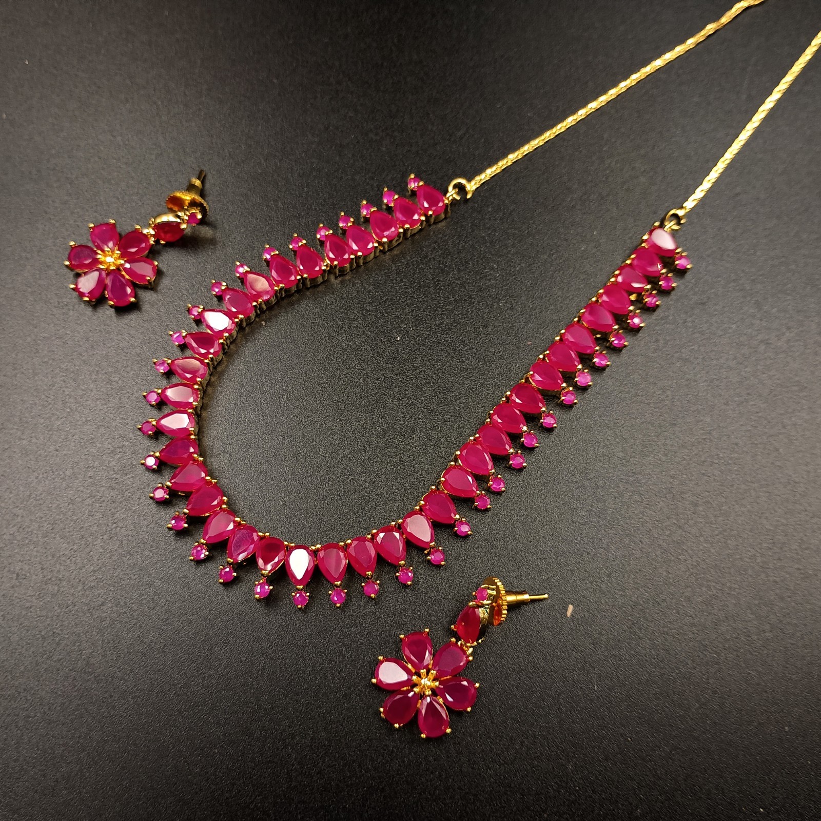 Vintage Ruby Necklace Set 22K Gold Plated Boho Bridal Anniversary Birthstone Gif