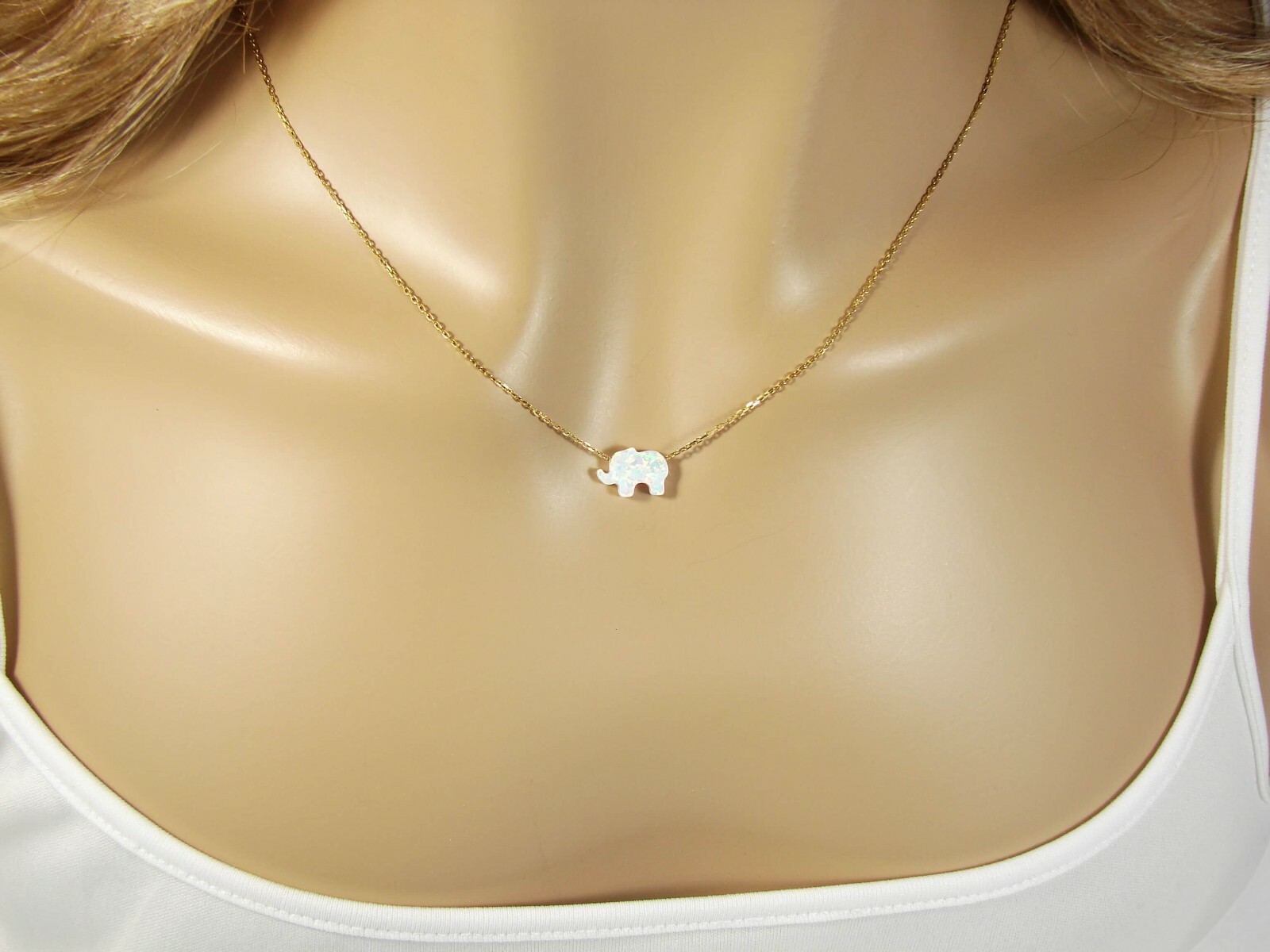 Elephant Necklace Tiny White Lab-Created Opal 925 Sterling Silver Chain