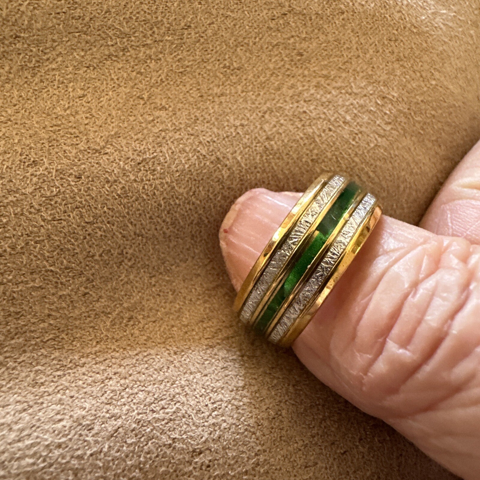 Stainless Steel Gold Ring With Green & Silver Accent Sequins In A Size 7
