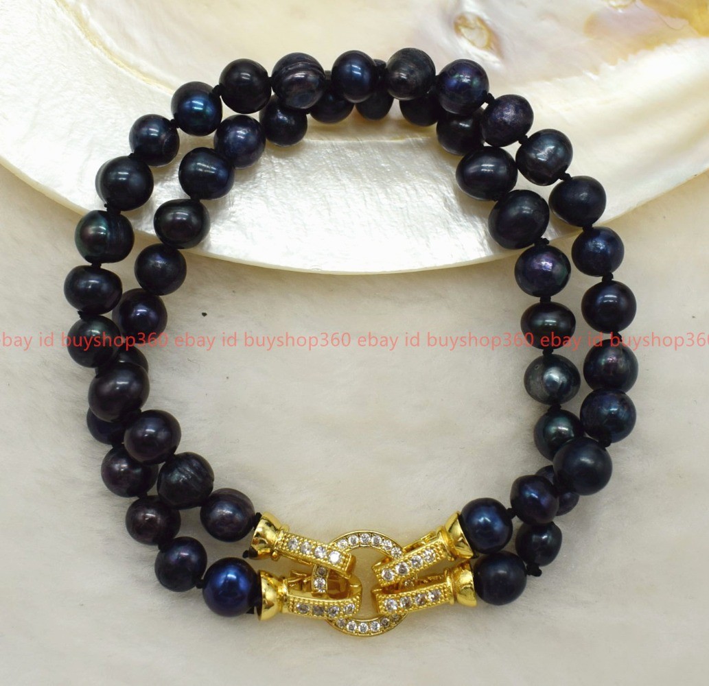 New Natural 2 Row 7-8/8-9mm Black freshwater pearl Pearl Gems Bracelet 7-9 In