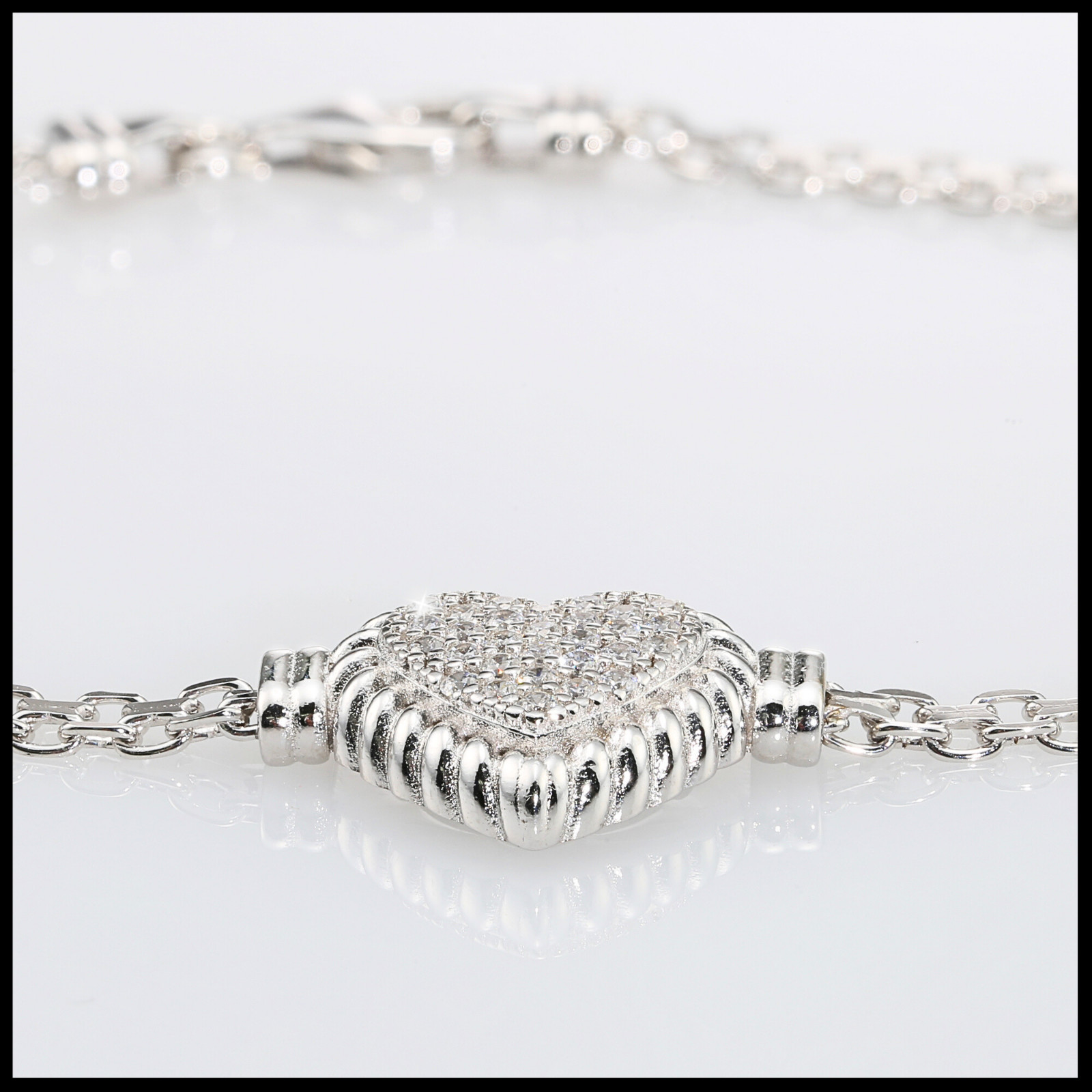 Solid 925 Sterling Silver Pave Heart Pendant Italian Bracelet 7″ 8″