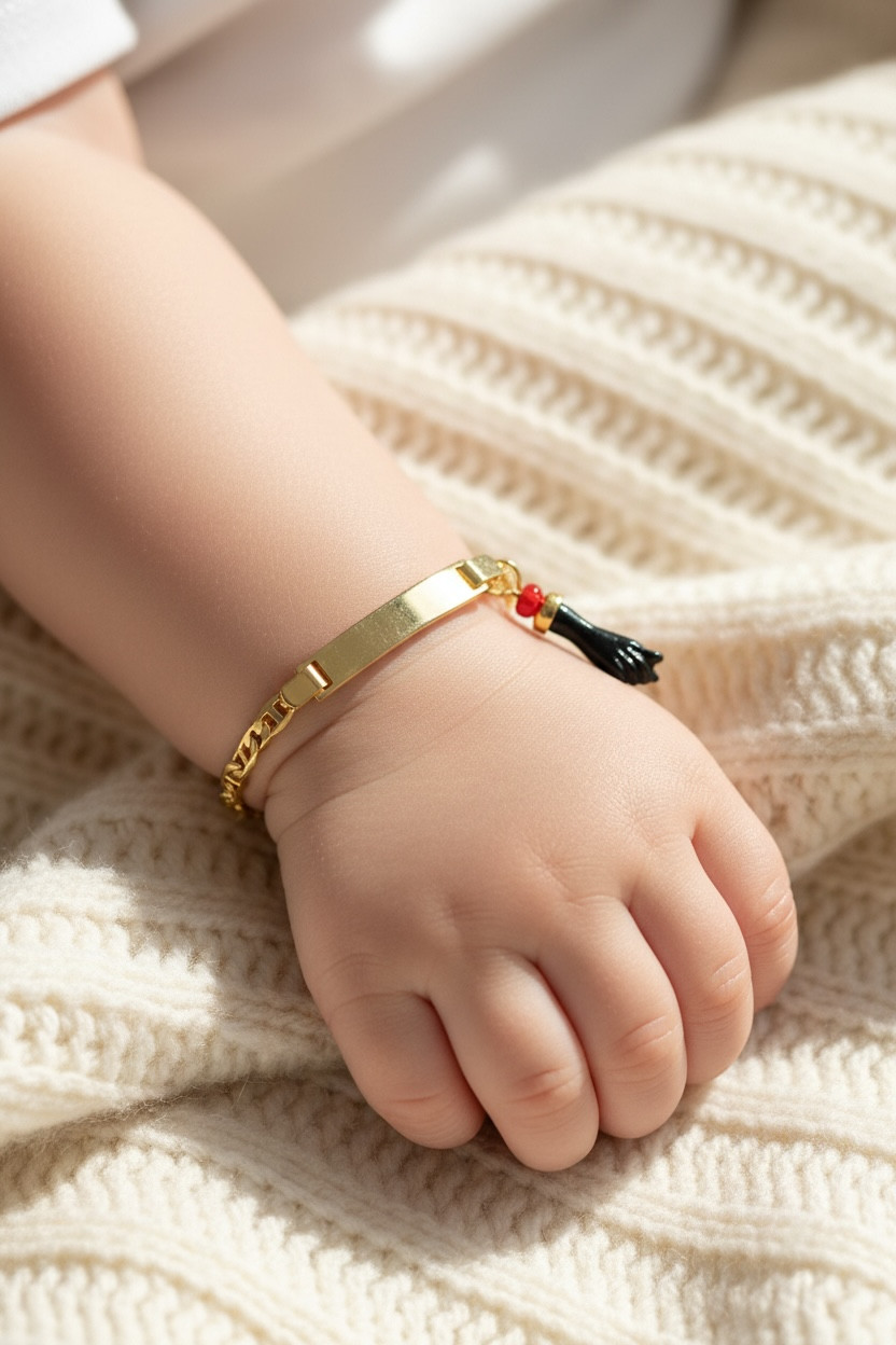 14K Gold Filled Azabache Baby ID Bracelet for Evil Eye Protection and Luck- B111