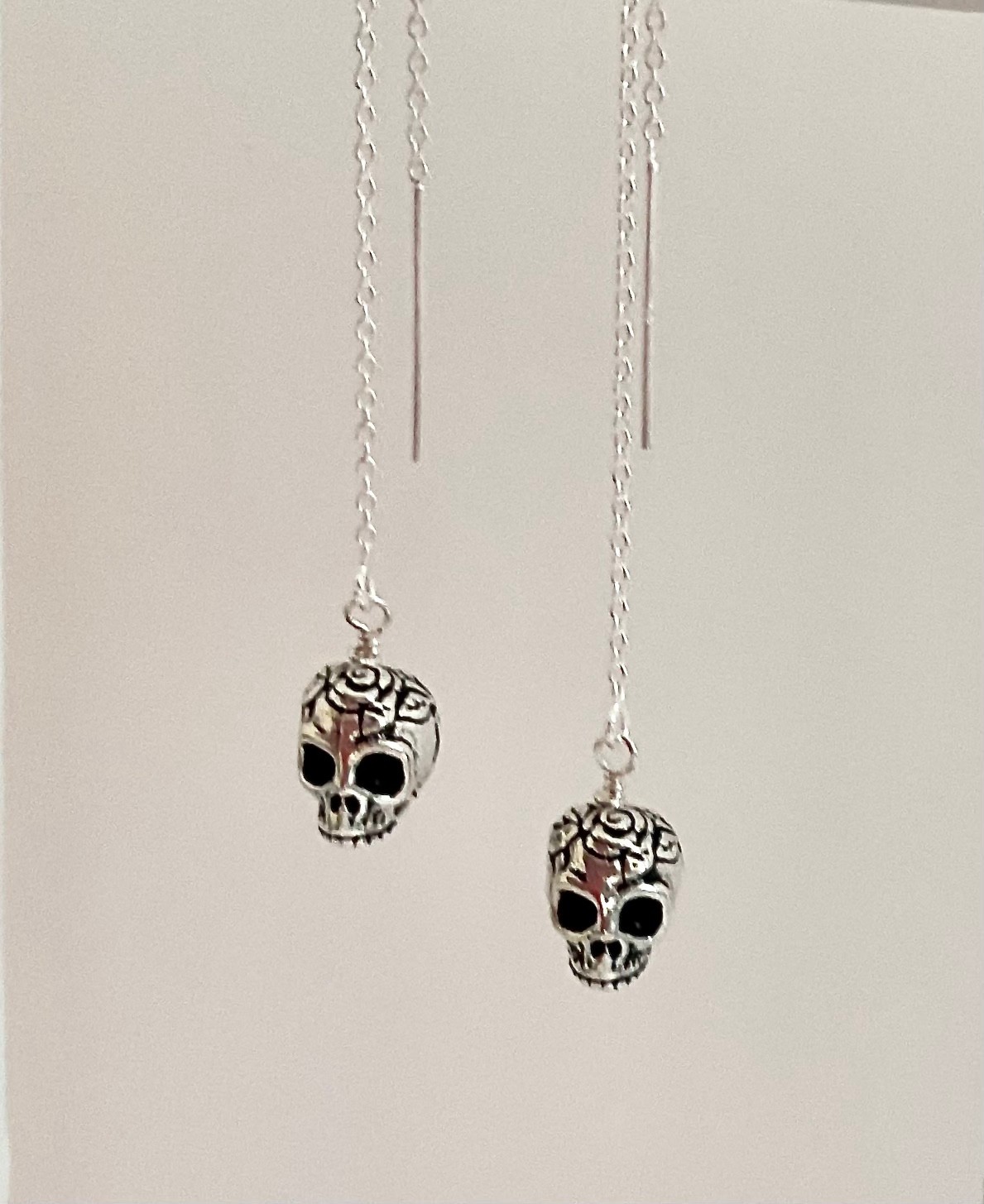*IAJ* .925 STERLING SILVER Ear Threader Earrings w/3-D SILVER sp SUGAR SKULLS