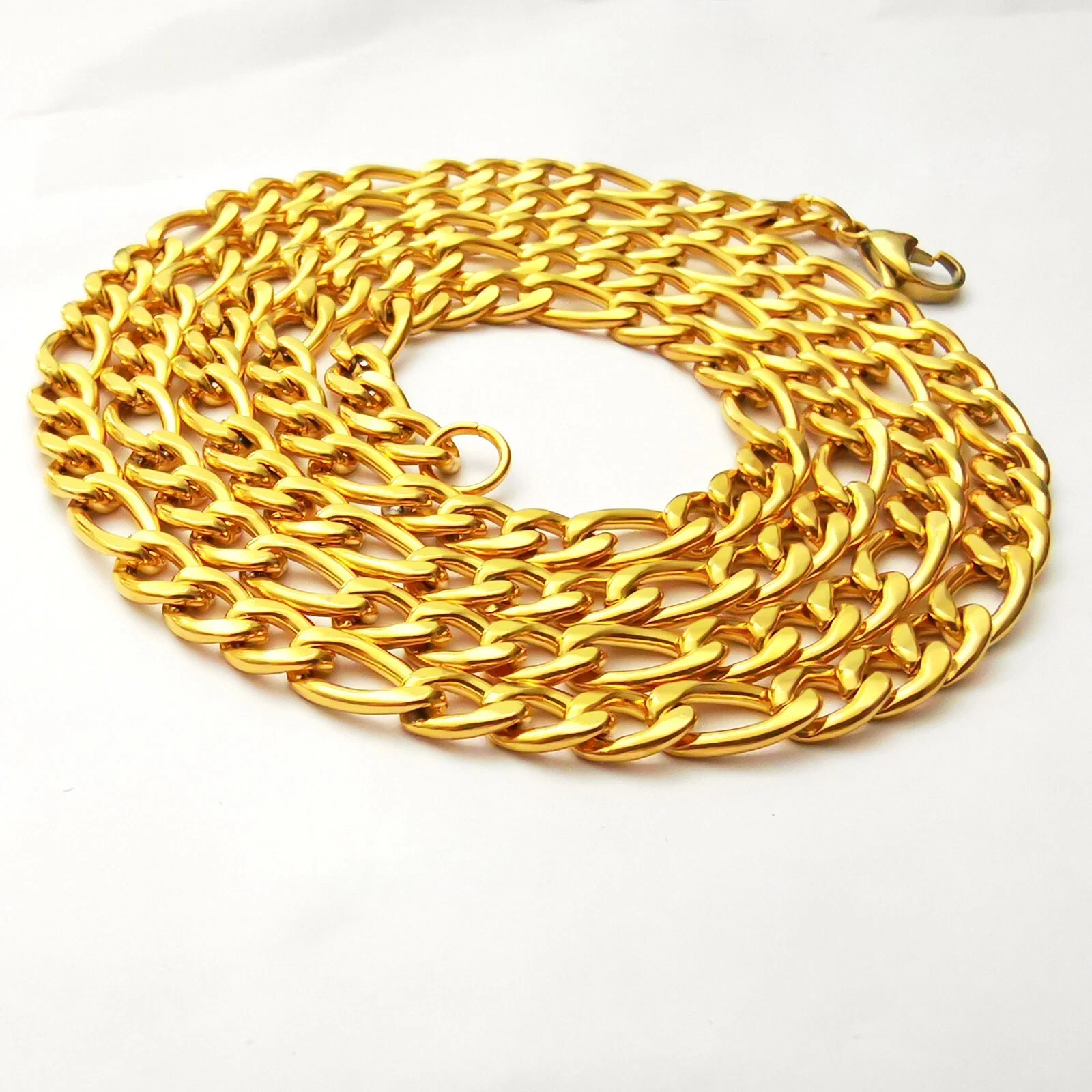 7mm 24-Inch Gold Stainless Steel Figaro Link Chain, New and Gold Plated, Fresh