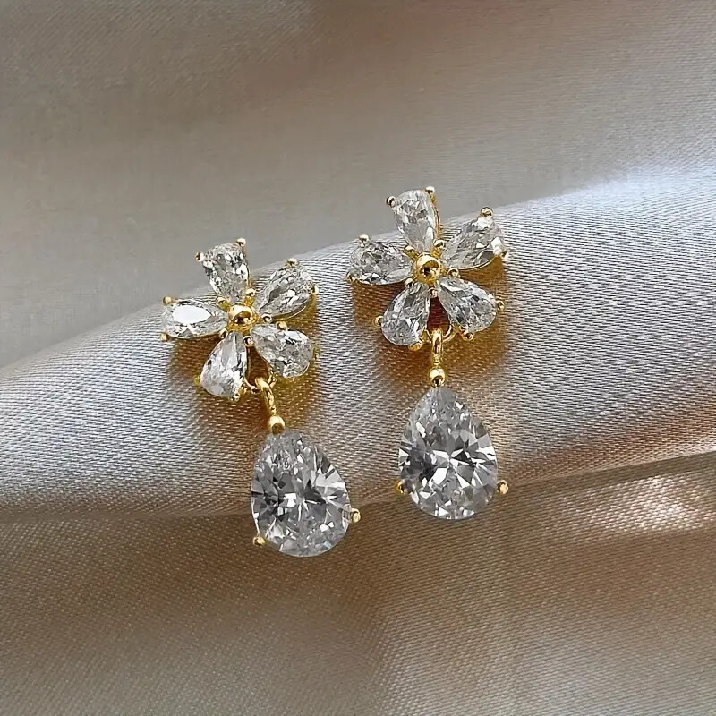 Exquisite Flower & Droplet Shape Shiny Zircon Dangle Earrings Korean Style