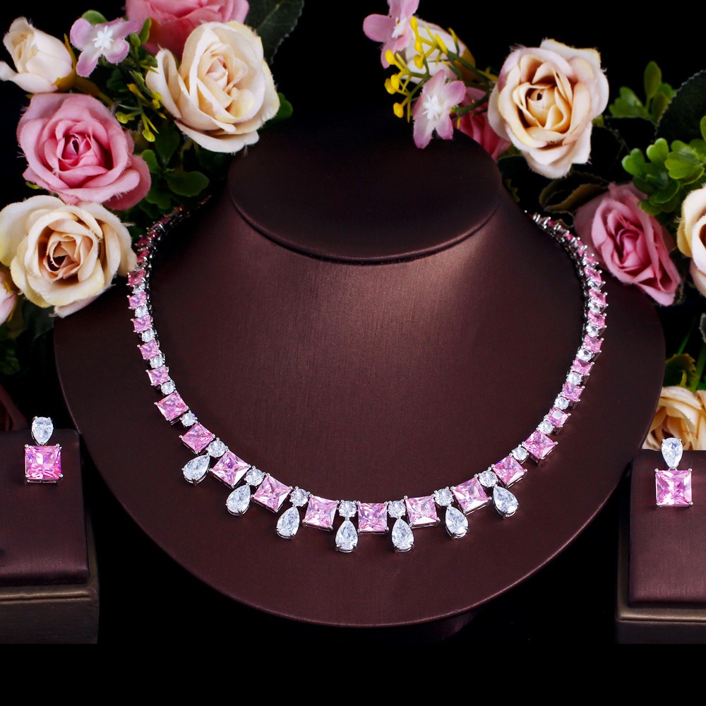 Silver Plated Water Drop Square Zirconia Necklace and Earrings Women Jewelry Set