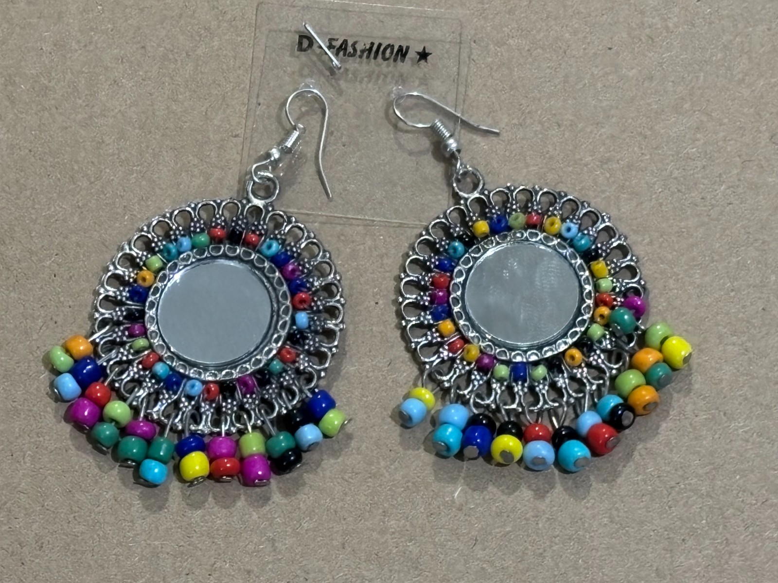 Boho Mirror & Multicolor Beaded Dangle Earrings