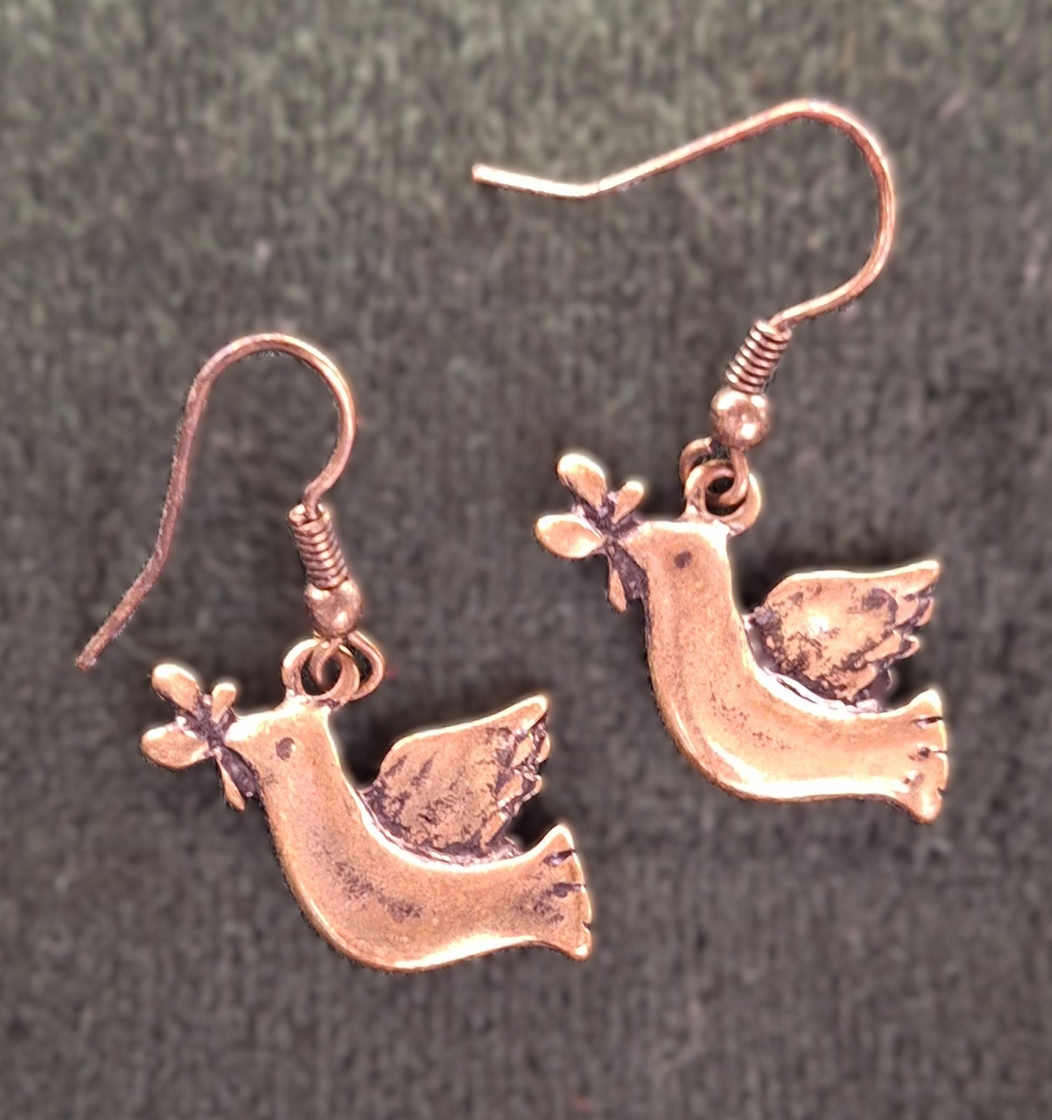Small Dangle Drop Bronze (and Patina) Bird w Olive Branch Earrings Unsigned