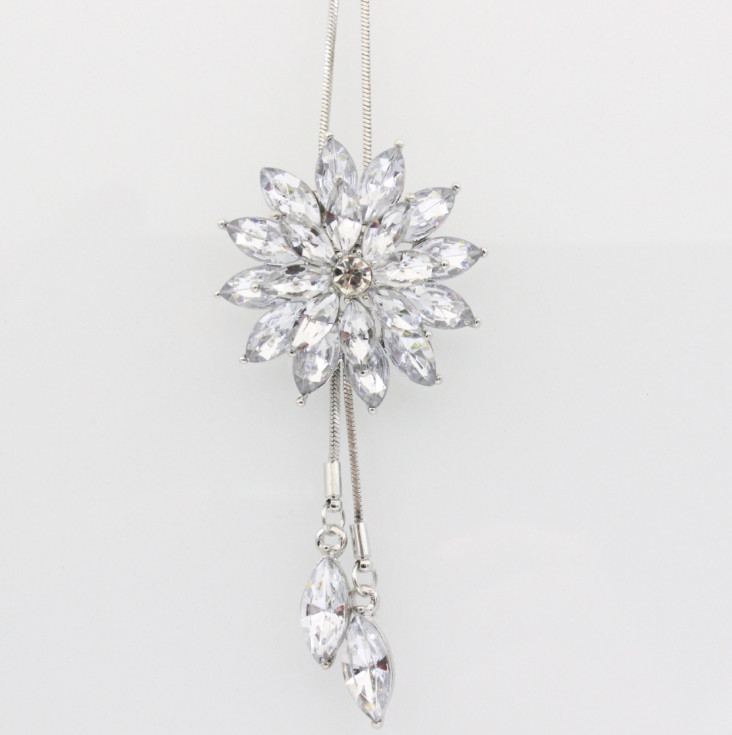New Women Long Silver Tassel Cluster CZ Flower Pendant Necklace Chain Sweater SC