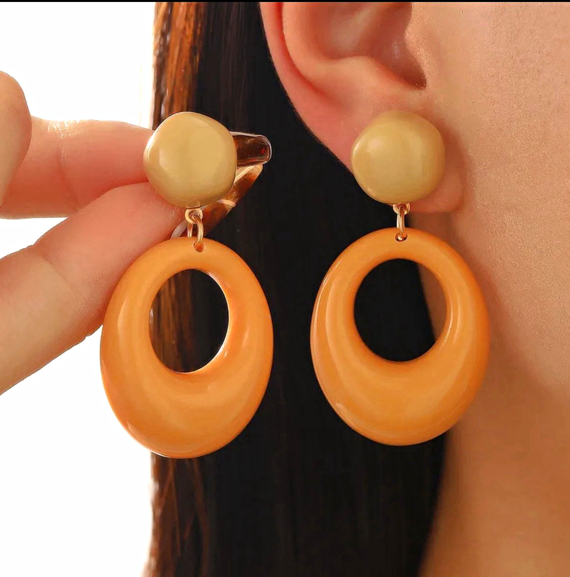 Brown Cream Resin Oval Dangle/Drop Clip-On Earrings, No Stone, Lobe