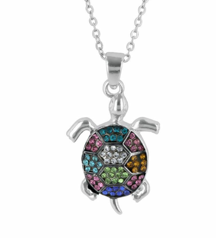 Crystal Kingdom Silver Tone Turtle Pendant Necklace 15-17″Chain In Jewelry Box