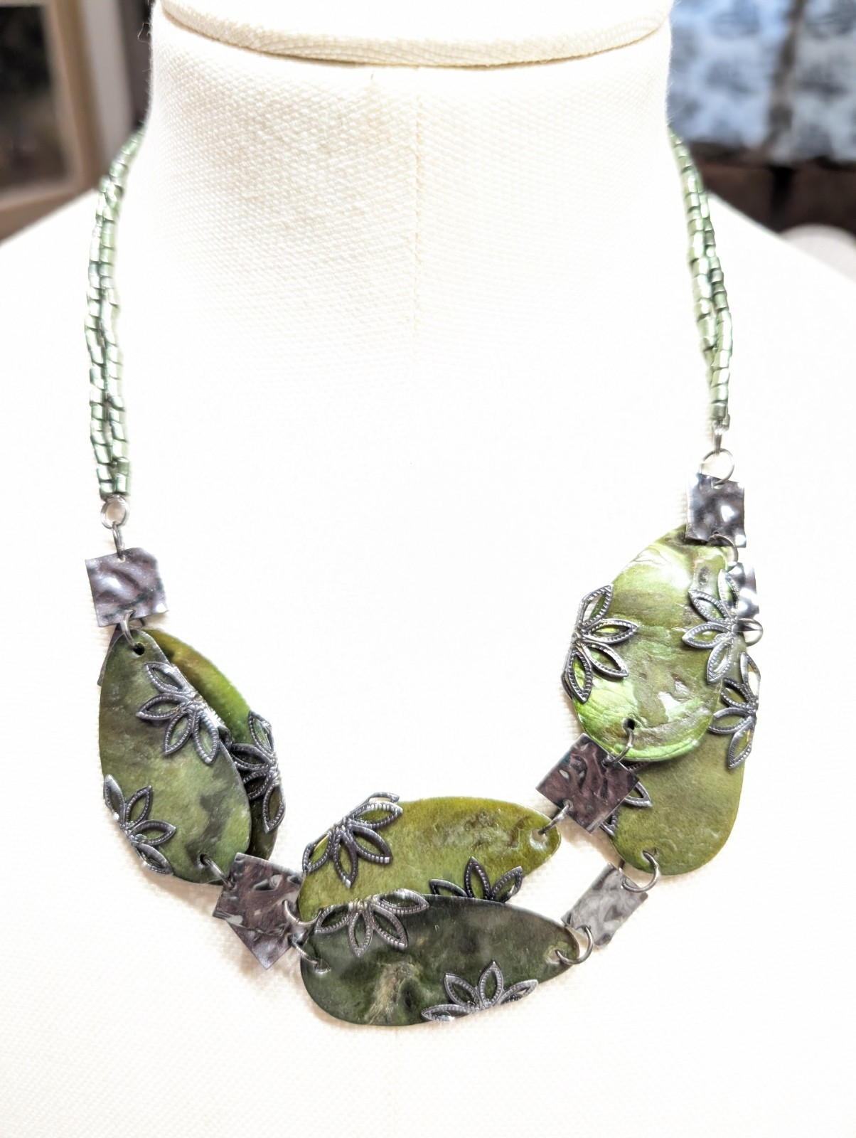 Large Green Stone Leaves Necklace with Metal Flowers & Seed Beads Chain