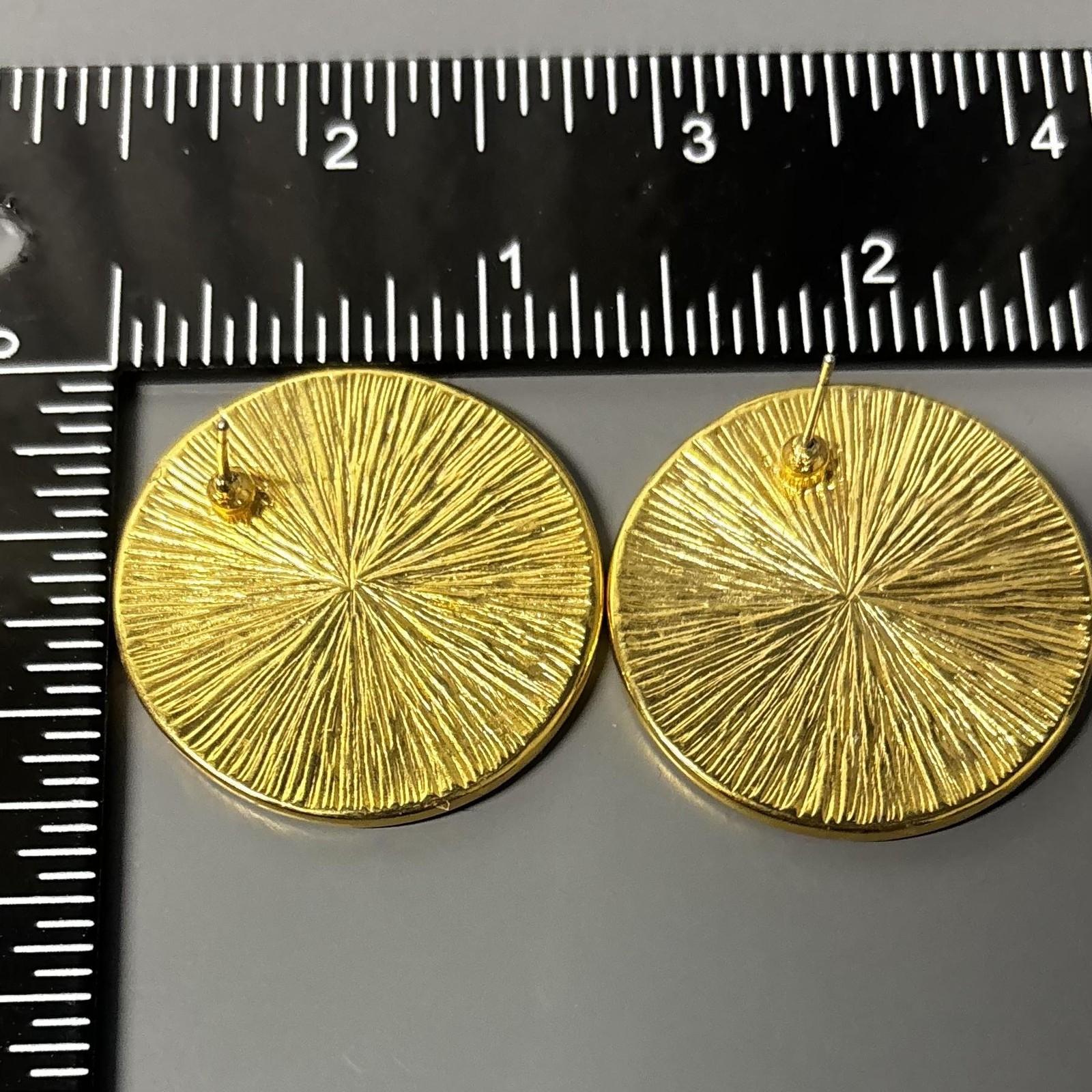 Gold Tone Reversible Round Disc Earrings Purple Floral Enamel Statement Studs